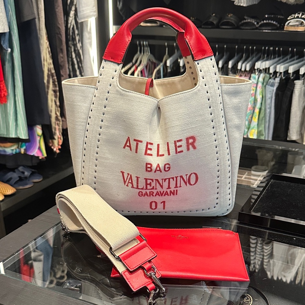 Valentino Cream linen Canvas Tote with Red Leather Trim